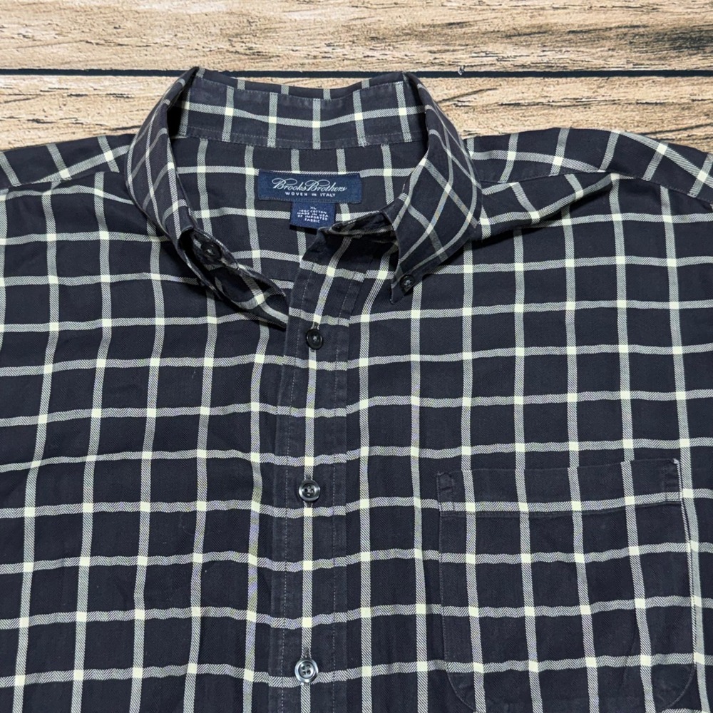 Brooks Brothers Button Down Shirt Men XL Navy White Grid Check Woven In Italy